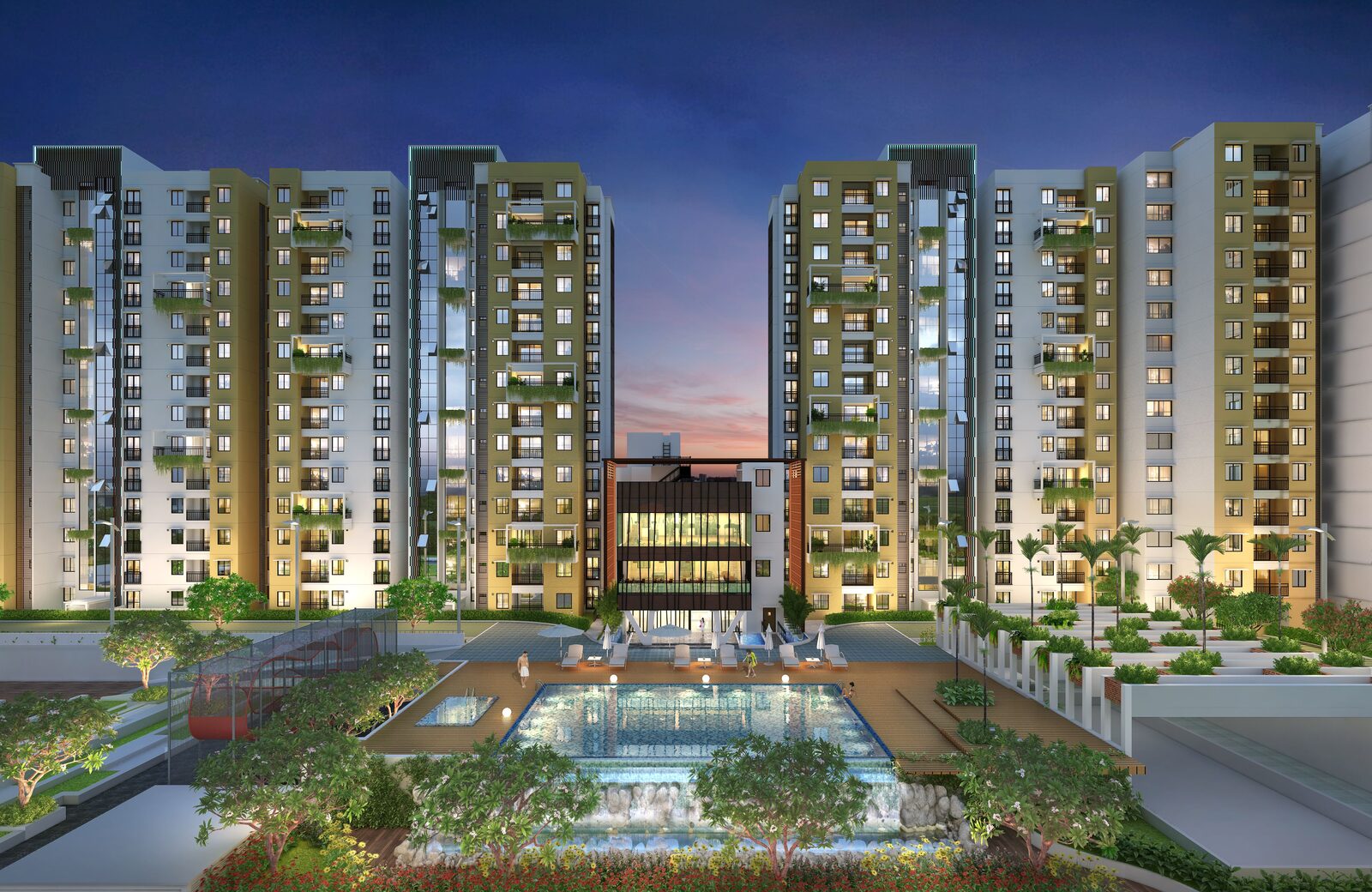 Purva Aerocity amenity area — swimming pool, clubhouse, and landscaped gardens at Chikkajala