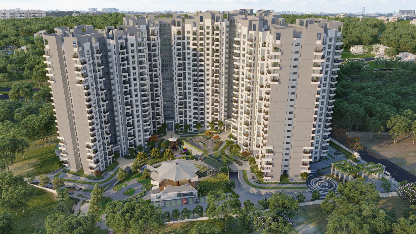 Purva Aerocity master plan aerial view with 75% open space